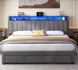 YITAHOME King Bed Frame with 3 Drawers, Upholstered Bed Frame with Storage Headboard, LED Platform Bed with Charging Station, No Box Spring Required, Simple Setup (Grey) YITAHOME