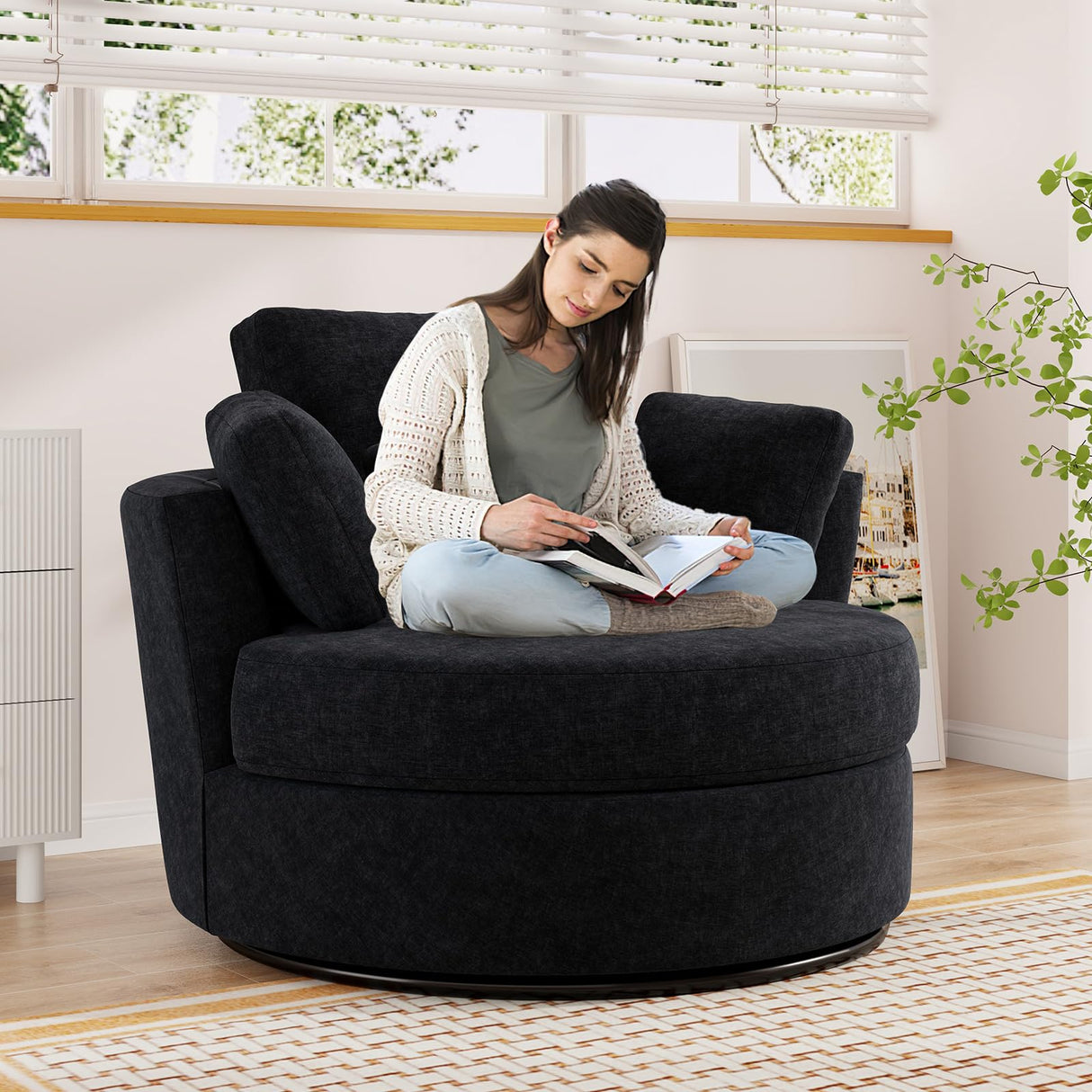 JEEOHEY Swivel Accent Barrel Chair, 42'' W Chenille Upholstered Round Swivel Chair, 360 Degree Modern Oversized Round Armchair, Comfy Single Sofa Chair for Nursery, Living Room, Bedroom(Black) JEEOHEY