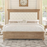 YUMPIE Rustic Solid Wood King Bed Frame with 68" Tall Headboard, Chenille Upholstered Farmhouse Panel Platform Bed Mattress Frame, Button Tufted/Antique Brass Nail Trim/No Box Spring Needed, Milk Ash YUMPIE