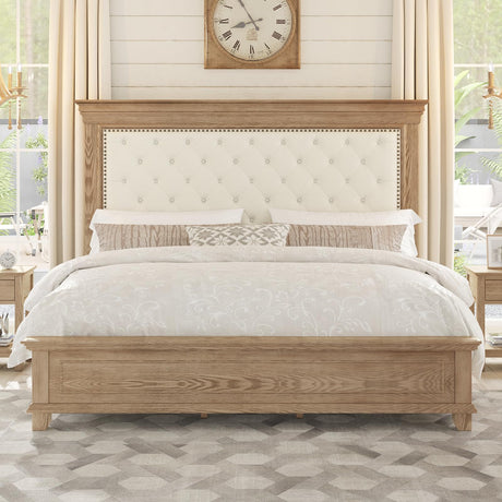 YUMPIE Rustic Solid Wood King Bed Frame with 68" Tall Headboard, Chenille Upholstered Farmhouse Panel Platform Bed Mattress Frame, Button Tufted/Antique Brass Nail Trim/No Box Spring Needed, Milk Ash YUMPIE