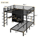 Bellemave Full XL Over Twin Bunk Beds with Folding Desk, Wardrobe and Shoe Rack, Heavy Duty Metal Bunk Bed with RGB LED Light, Ladder and Full-Length Guardrail, Black Bellemave