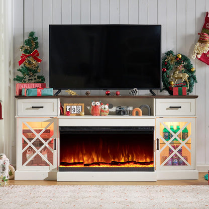 YUMPIE 3-Sided Farmhouse Fireplace TV Stand for TVs up to 80'', 12 Color Entertainment Center Console Table with LED Glass Door Storage Cabinet, 70'' Large TV Stands with 36" Fireplace,White+Barnwood