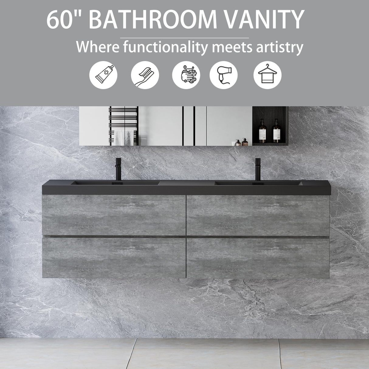 Floating Vanity Bathroom, 60 Inch Bathroom Vanity with Sink, Wall Mounted Double Sink Bathroom Vanity, Soft Closed 2 Drawers, Integrated Sink (Dark Birch) VUMALL