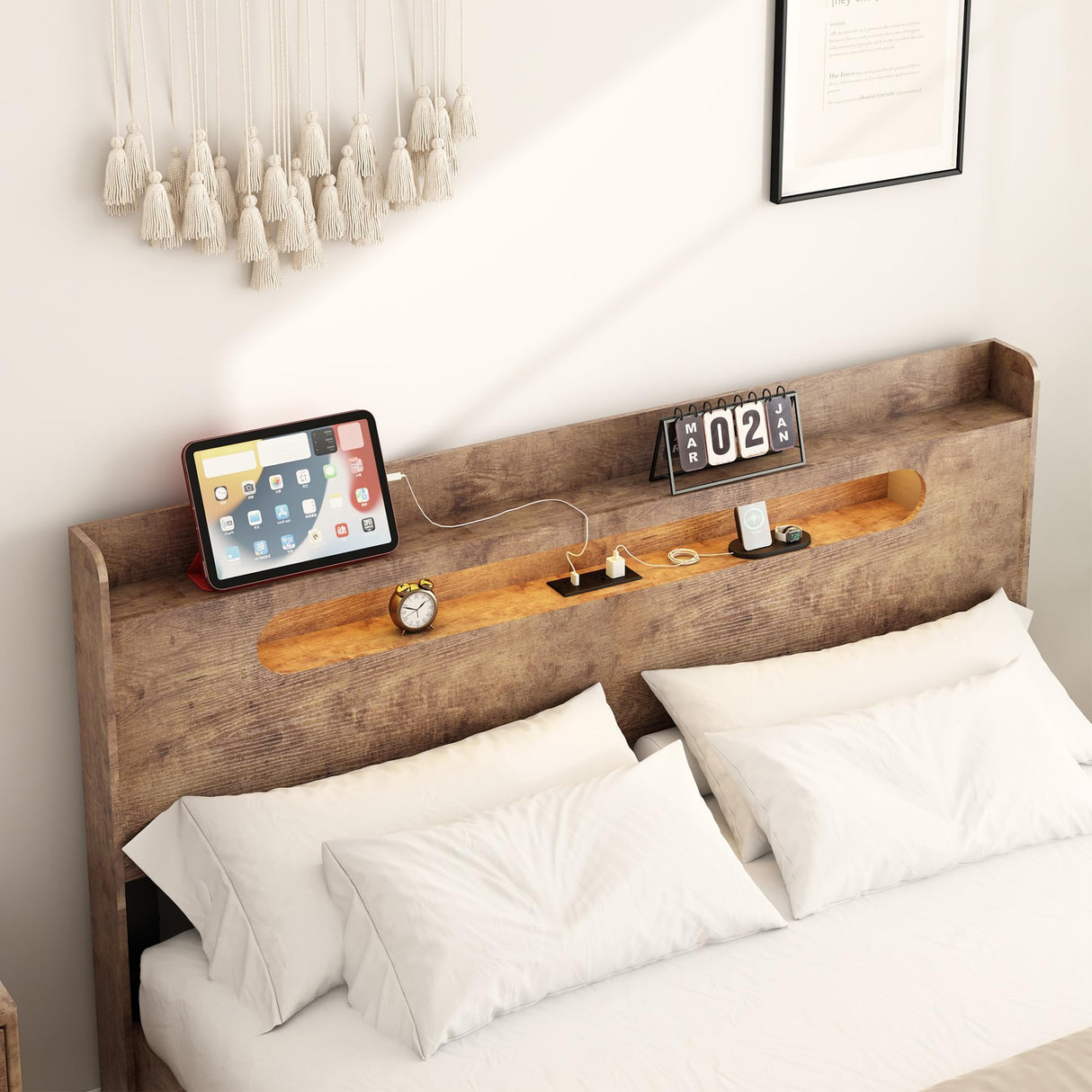 Decoholic Full Size Wooden Bed Frame, Storage Headboard with Charging Station & Led Lights, Solid and Stable, Noise Free,Rustic Farmhouse Sturdy Framework Wood Bedframe, Easy Assembly Decoholic
