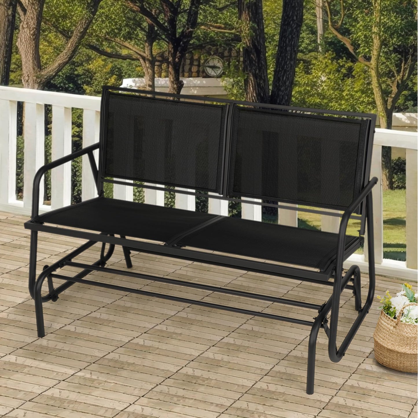 Crownland Outdoor Patio Glider Chair, Porch Furniture Textilene Glider Loveseat, Two Seat Rocking Glider Bench with Coated Metal Frame for Backyard, Lawn, Garden and Porch(Black)