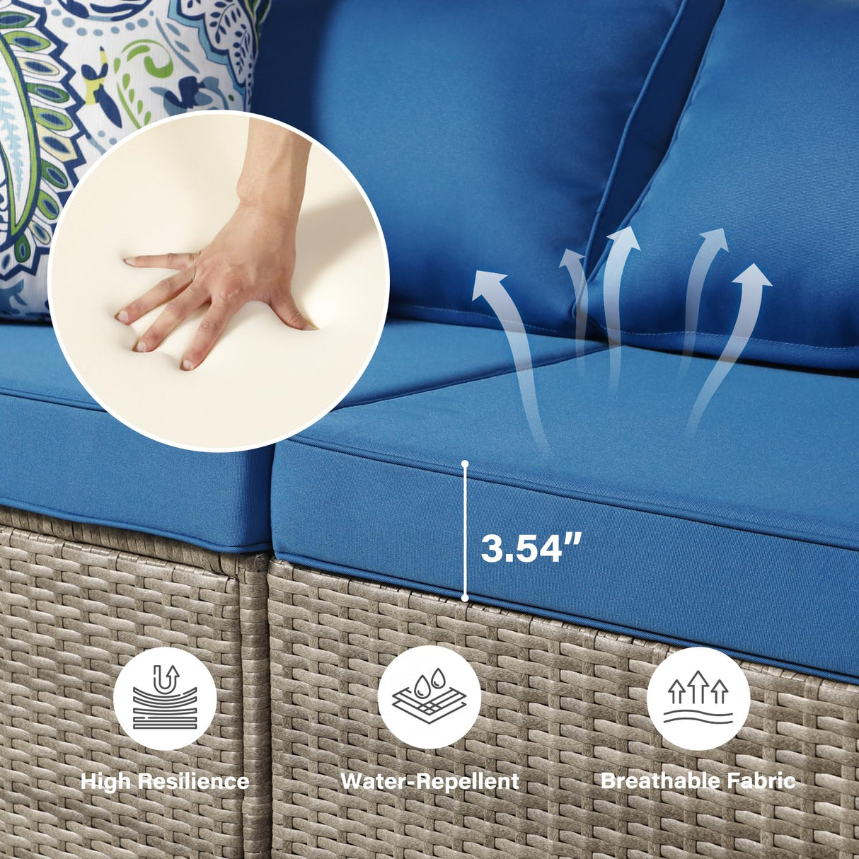 RESOM 7-Piece Gray Rattan Patio Furniture Sets, Outdoor Conversation Sofa Sets with Water Resistant Blue Cushions & Tempered Glass Coffee Table, Modular Outdoor Sectional Sofa Sets with 2 Pillows RESOM