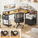 Unikito L Shaped Desk with File Drawer, Reversible L Shaped Computer Desk with Power Outlet & LED Lights, Home Office Desk Corner Desk with Monitor Shelf and Printer Cabinet, Gaming Desk, Black Unikito