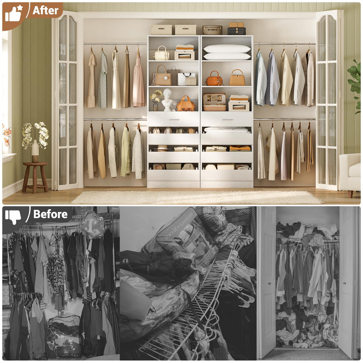 Aheaplus Closet System, 6-15Ft Closet Organizer with 8 Wooden Drawers, Wood Closet Organizer System with Tower, Walk-in Closet Organizer Wardrobe Clothes Rack with 4 Hanging Rods, Garment Rack, White Aheaplus