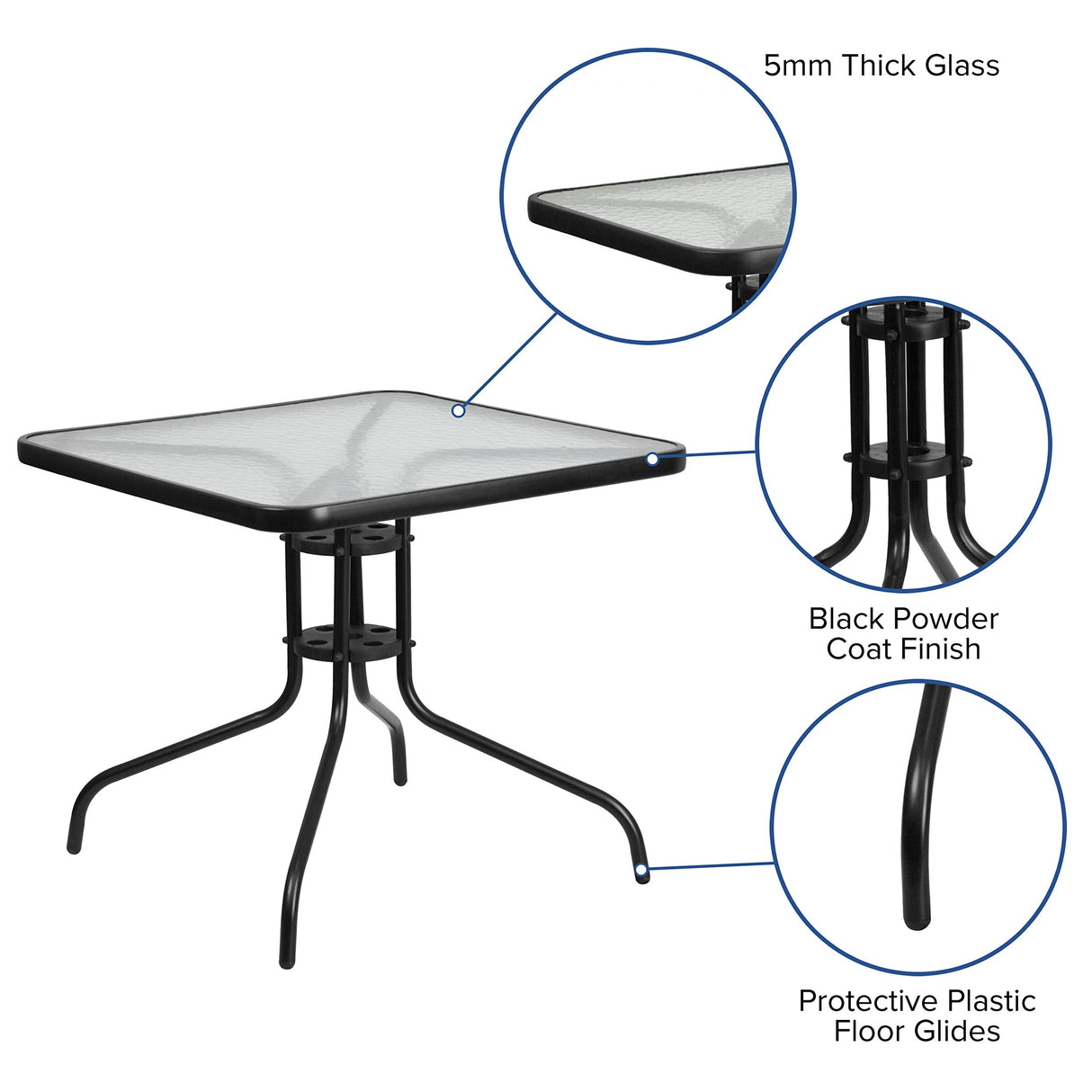 Flash Furniture Brazos Series 5-Piece Glass Patio Table and Chairs Set, Outdoor Patio Dining Set with Square Table and 4 Sling Patio Chairs, Black Flash Furniture