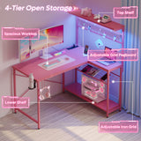 Bestier 42 L Gaming Desk,Computer Desk with Power Outlets, LED Lights, Reversible Corner Desk with 4-Tier Shelves,Cup Holder & Hook Carbon Fiber Pink Bestier