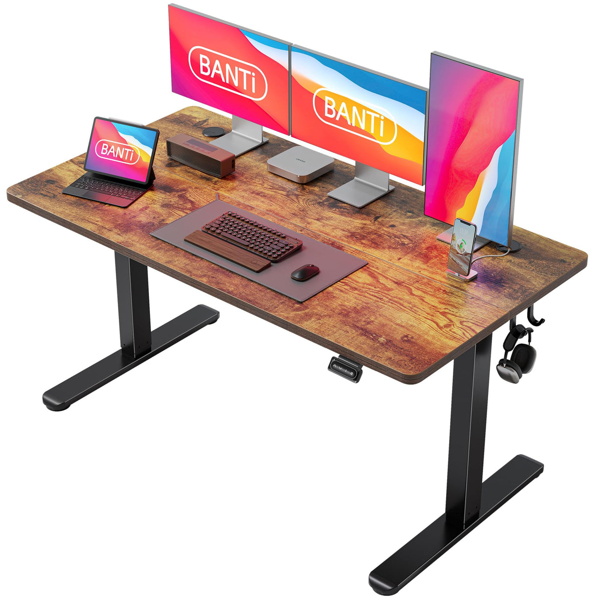 BANTI 63'' Standing Desk, Electric Stand up Height Adjustable Home Office Table, Sit Stand Desk with Splice Board, Rustic Brown BANTI