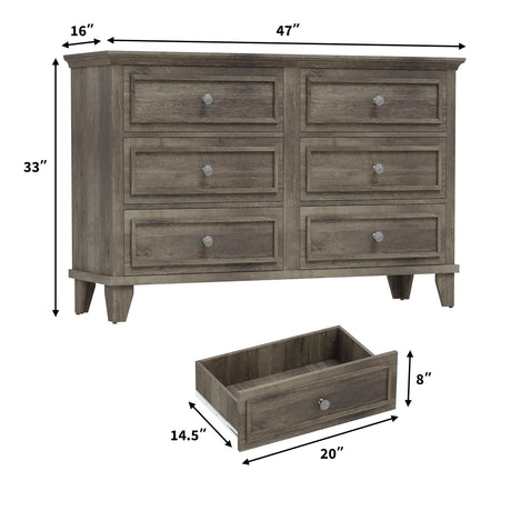 GarveeHome Farmhouse Grey Dresser for Bedroom with 6 Drawer, Double Dresser TV Stand with Vintage Handle, Wide Wood Dressers & Chests of Drawers, 6 Drawer Dressers for Bedroom, Living Room, Hallway GarveeHome