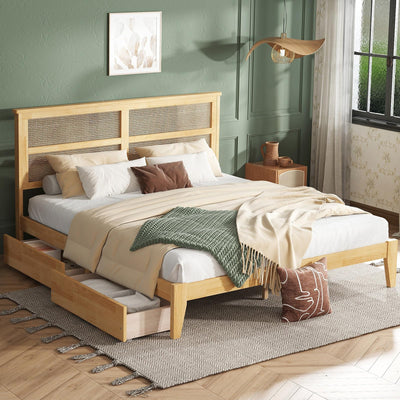 HRVEOCEI Boho Bed Frame King with Rattan Headboard, Rattan Bed Frame& King Beds Frames with Wood Legs, Solid Wood Beds Frames with Storage Underneath,Easy Assembly (White Oak, Kings)