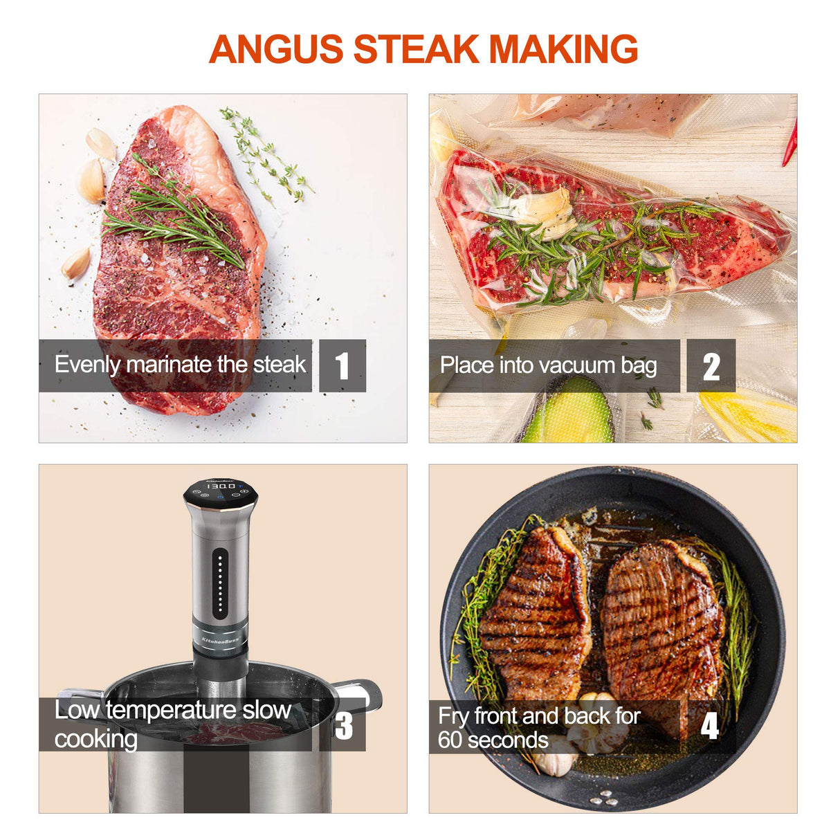 KitchenBoss Sous Vide Cooker Machine: Ultra-quiet 1100 Watt IPX7 Waterproof Water Thermal Immersion Circulator Accurate Temperature Control Digital Display Slow Cooking Sous-vide KitchenBoss