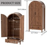 PAKASEPT Armoire Wardrobe Closet with Drawers and 2 Arched Fluted Doors, 70.9‘’ Tall Wooden Bedroom Armoires with LED Light & Shelves and Hanging Rod(Brown) PAKASEPT