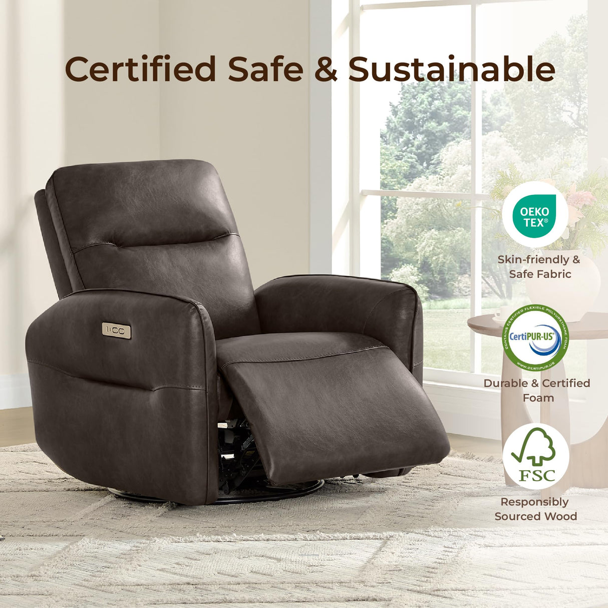 CHITA Faux Leather Power Recliner Chair, Swivel Glider Recliner for Adults, Nursery Rocking Chair with USB & Type-C Charging for Living Room, Bedroom, Chocolate Brown CHITA