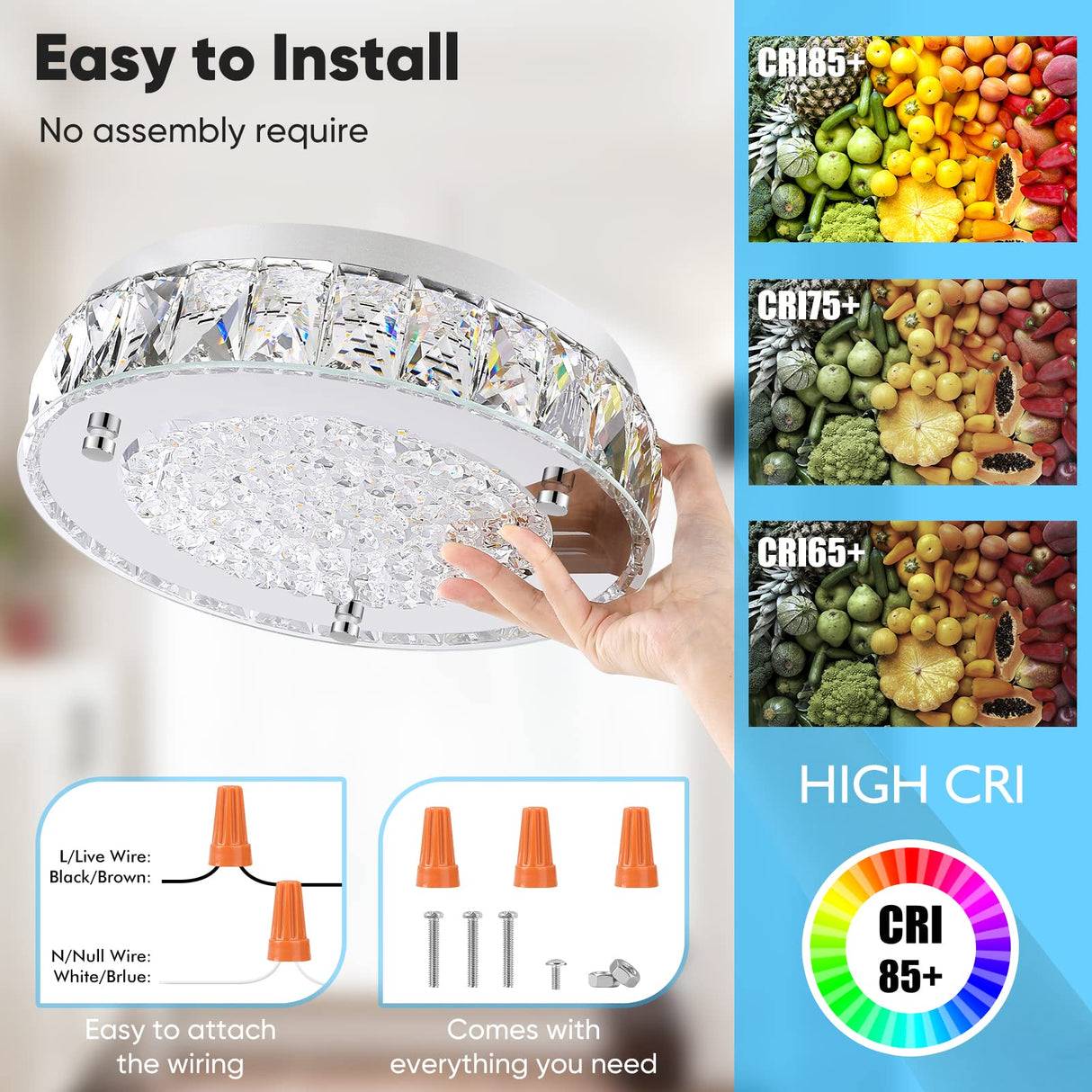 Crystal Chandeliers Flush Mount LED Ceiling Light Fixture, 5000K Daylight White Super Bright 1980LM 11-Inch Non-Dimmable Farmhouse Kitchen Light Modern Ceiling Lamp for Bedroom Bathroom Nursery Brightever