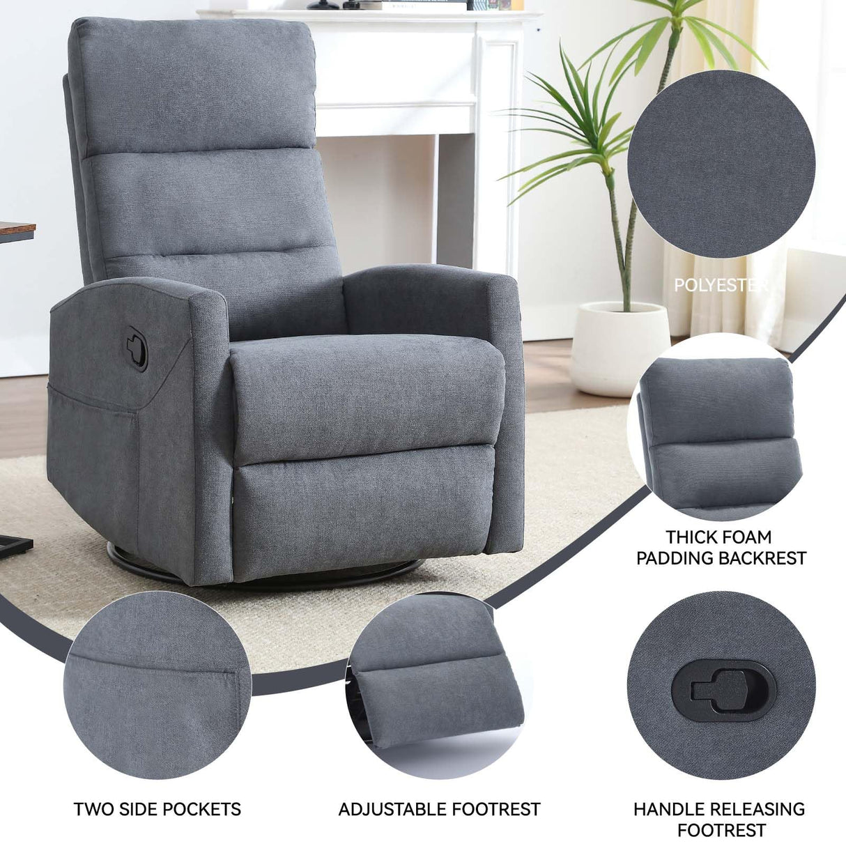 360° Swivel Rocker Recliner Chairs for Adults, Manual Nursery Glider Chair with Side Pockets and High Back, Small Lazy Boy Rocker Recliner for Small Spaces, Living Room, Bedroom (Drak Grey+Fabric) YskdhfczQ