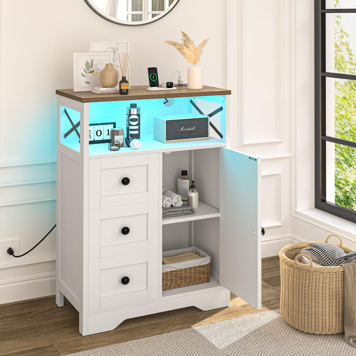 Yoobure LED Storage Cabinet with Doors and Shelves, Farmhouse Coffee Bar Pantry Cabinet with Drawers and Power Outlet, Wood Sideboard for Entryway Bathroom Dining Room Living Room Bedroom, White Yoobure