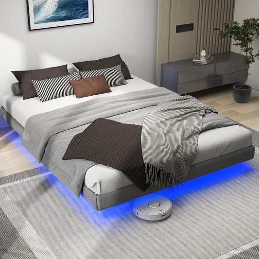 Floating Full Size Bed Frame with LED Lights, Remote Control RGB, and Under Bed Storage by RVONOW - WoodArtSupply