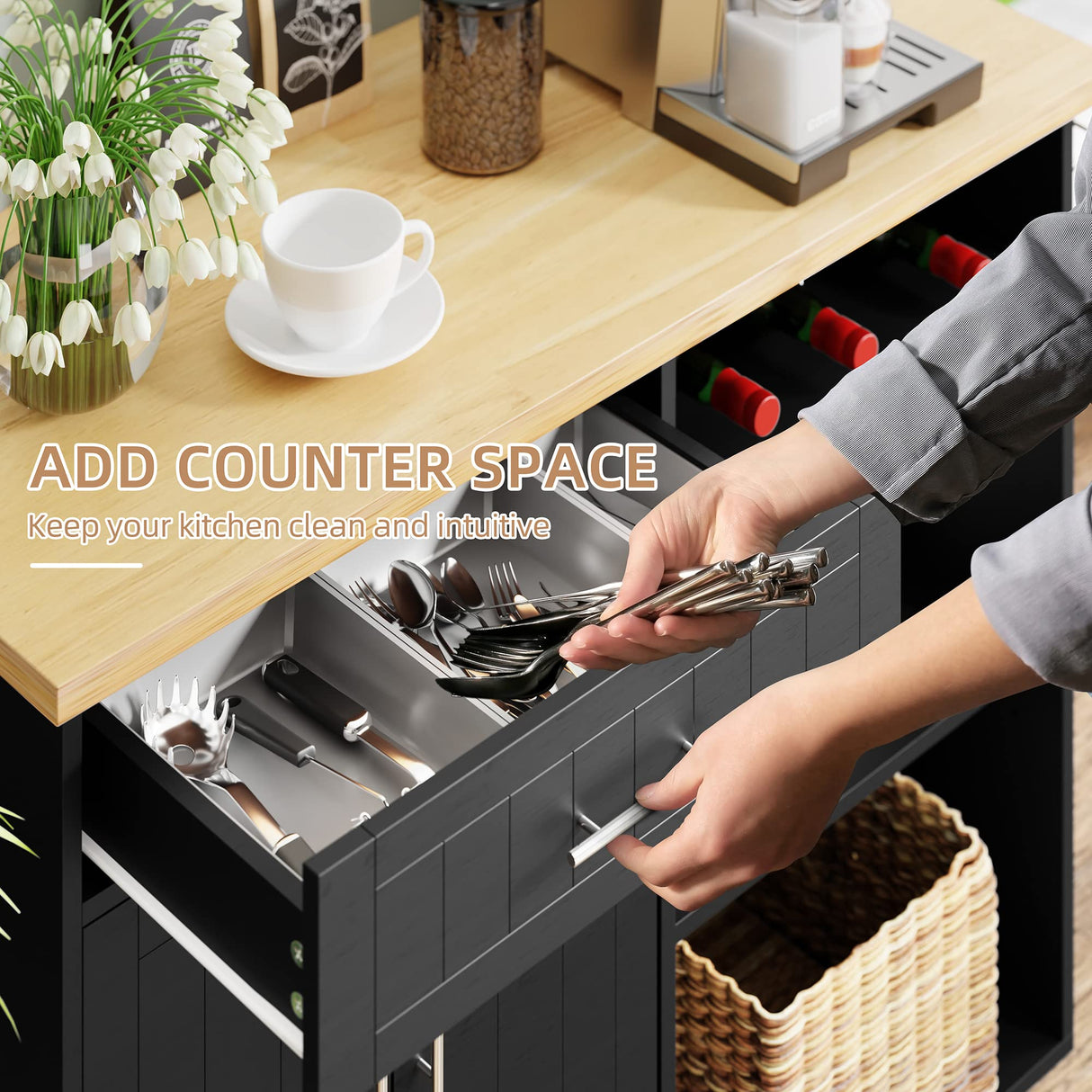 Shintenchi Kitchen Island Cart with Storage,Rolling Kitchen Island Side Table on Wheels with Large Worktop,Storage Cabinet,Towel Rack and Drawers for Kitchen,Dinning Room,Black Shintenchi