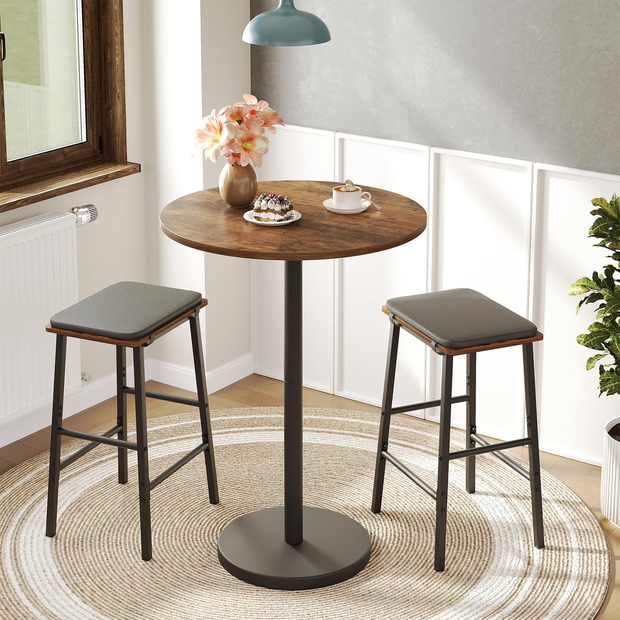 YATINEY Bar Table, Round Bar Table, Counter Height Table, Pub Cocktail Table, Metal Frame, for Bistro, Dining Room, Living Room, Terrace, Rustic Brown and Black BT05BR YATINEY