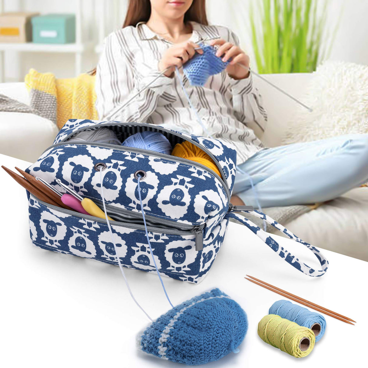 Luxja Small Yarn Storage Bag, Portable Knitting Bag for Yarn Skeins, Crochet Hooks, Knitting Needles (up to 8 Inches) and Other Small Accessories (Small, Sheep) LUXJA