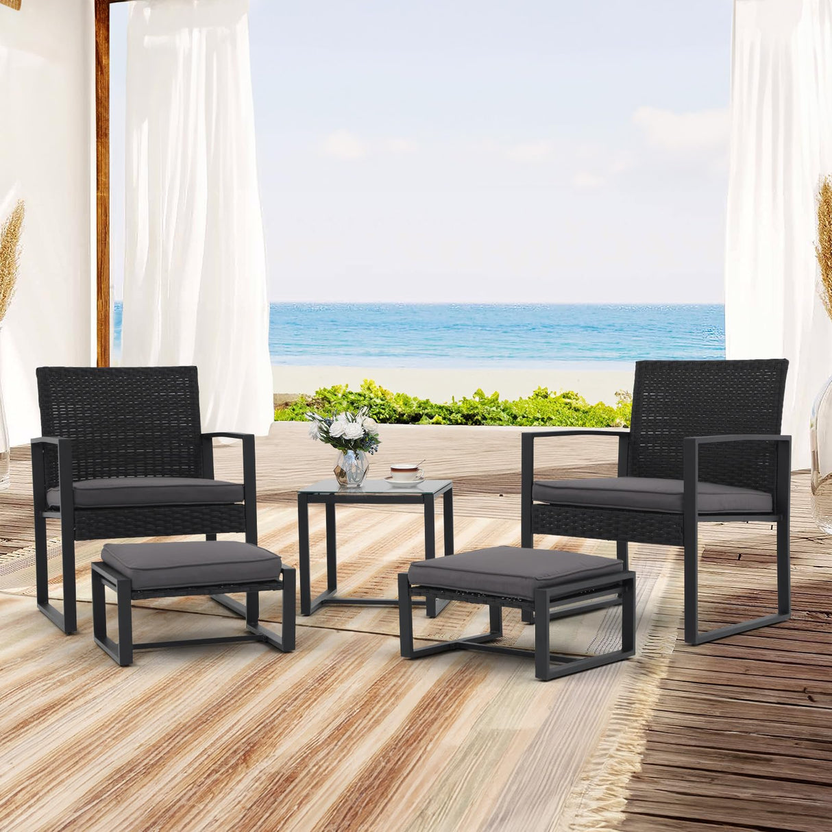 JOIVI 5 Pieces Patio Bistro Set, PE Wicker Outdoor Patio Furniture Set, Modern Rattan Patio Chairs with Table & Ottomans, Patio Conversation Sets for Balcony, Front Porch, Poolside, Gray Cushion JOIVI