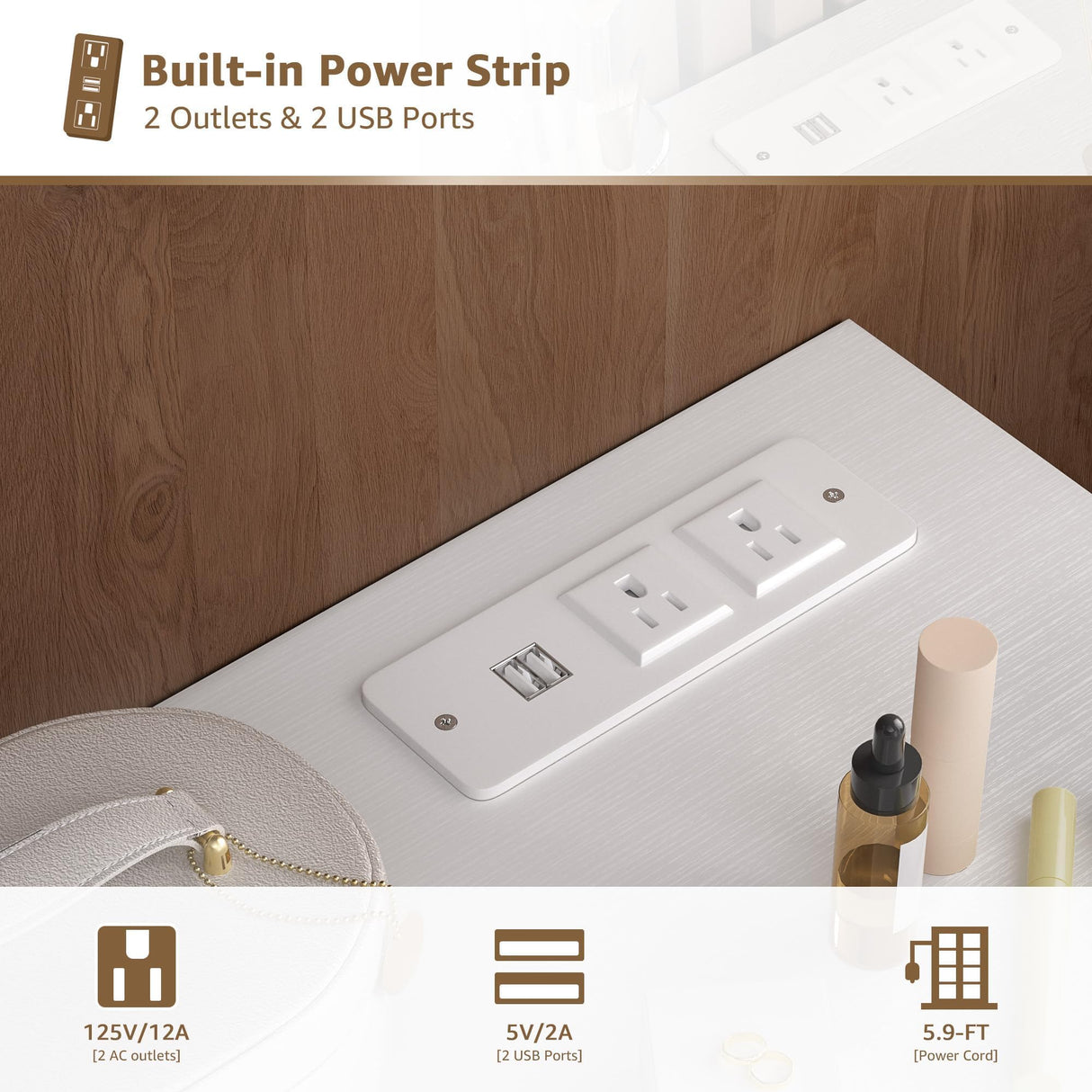 KAI-ROAD White Makeup Vanity Desk with Mirror and Lights Big Vanitys Set with Chair, Drawers and Power Outlet, Dressing Table Vanities for Girls Bedroom 47“ KAI-ROAD