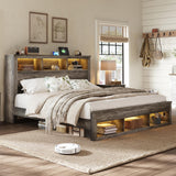 Albott Farmhouse King Size Bed Frame with Storage Bookcase Headboard and Footboard, Storage Wood Platform Bed Frame with Wood Slats Support, Noiseless LED Bed Frame, No Box Spring Needed, Gray Albott
