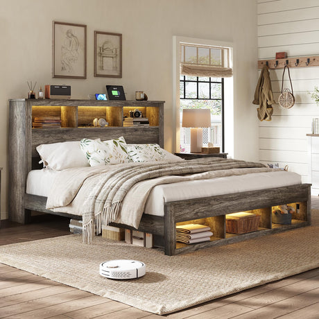 Albott Farmhouse King Size Bed Frame with Storage Bookcase Headboard and Footboard, Storage Wood Platform Bed Frame with Wood Slats Support, Noiseless LED Bed Frame, No Box Spring Needed, Gray Albott