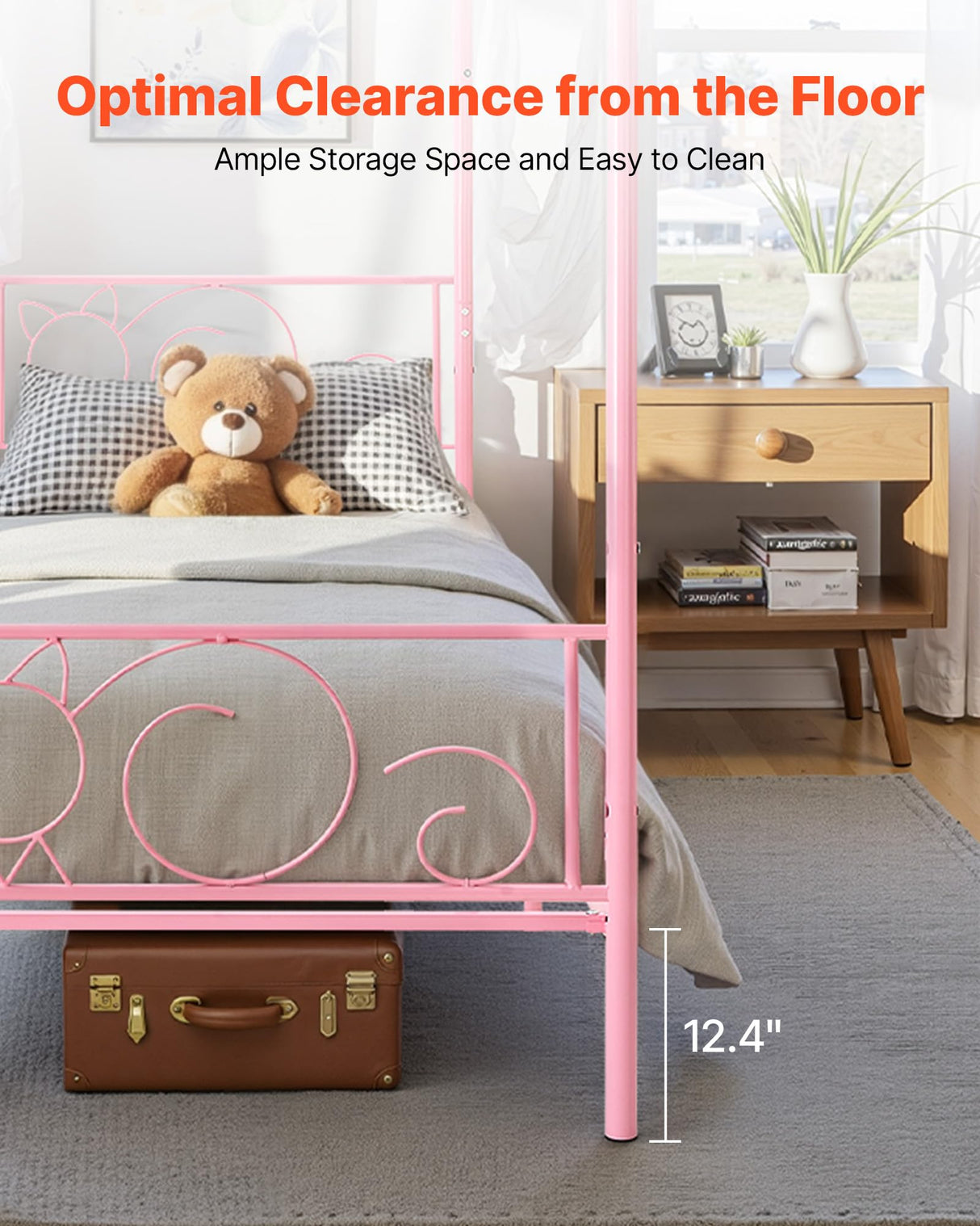 VEVOR Canopy Bed Frame Twin Size, Metal Canopy Bed with Minimalist Headboard & Four Posters Design, Heavy Duty Steel Slats Support, Underbed Storage Space, No Box Spring Needed, Easy Assembly, Pink VEVOR