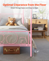 VEVOR Canopy Bed Frame Twin Size, Metal Canopy Bed with Minimalist Headboard & Four Posters Design, Heavy Duty Steel Slats Support, Underbed Storage Space, No Box Spring Needed, Easy Assembly, Pink VEVOR