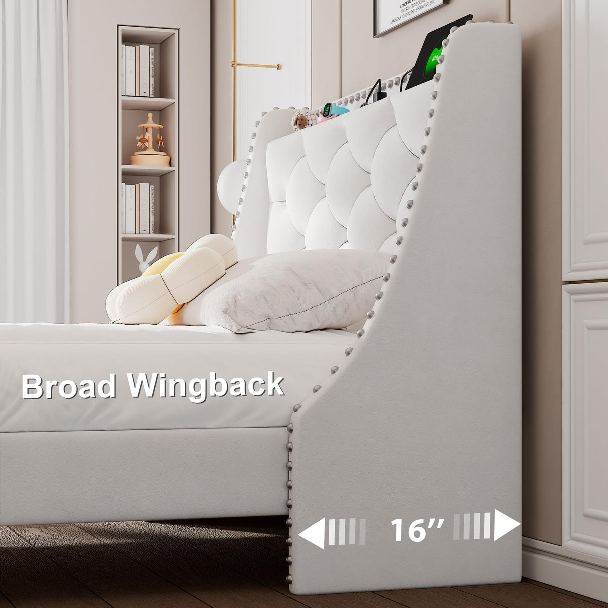 Feonase Velvet Twin Bed Frames with Luxury Wingback and Fast Charging Station,Twin Size Upholstered Button Tufted Storage Headboard Platform Bed,Wooden Slats Support,Noise-Free,Easy Assembly,White Feonase