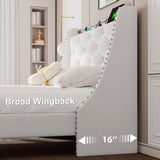 Feonase Velvet Twin Bed Frames with Luxury Wingback and Fast Charging Station,Twin Size Upholstered Button Tufted Storage Headboard Platform Bed,Wooden Slats Support,Noise-Free,Easy Assembly,White Feonase