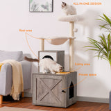 Heybly Cat Tree, Wood Litter Box Enclosure with Food Station, All-in-one Indoor Cat Furniture with Basket and Condo, Modern Style Cat Tower, Hammock, Rustic Gray HCT101SG Heybly