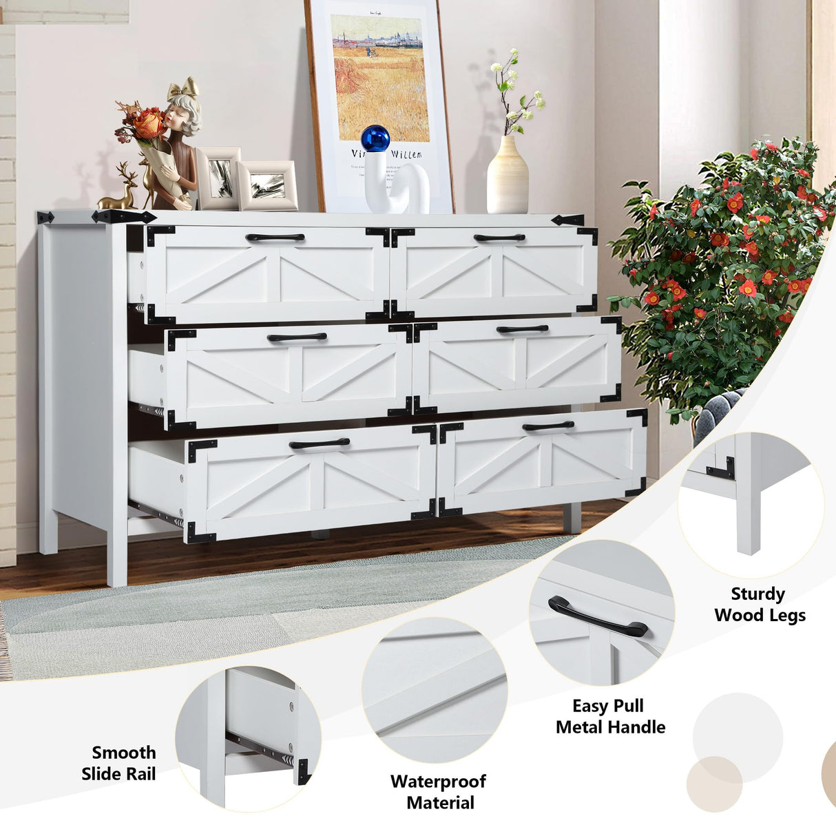 QHITTY 6 Drawers Dresser for Bedroom, Farmhouse Barn Chest of Drawers, Modern Storage Organizer Dresser for Bedroom, Hallway, Living Room QHITTY