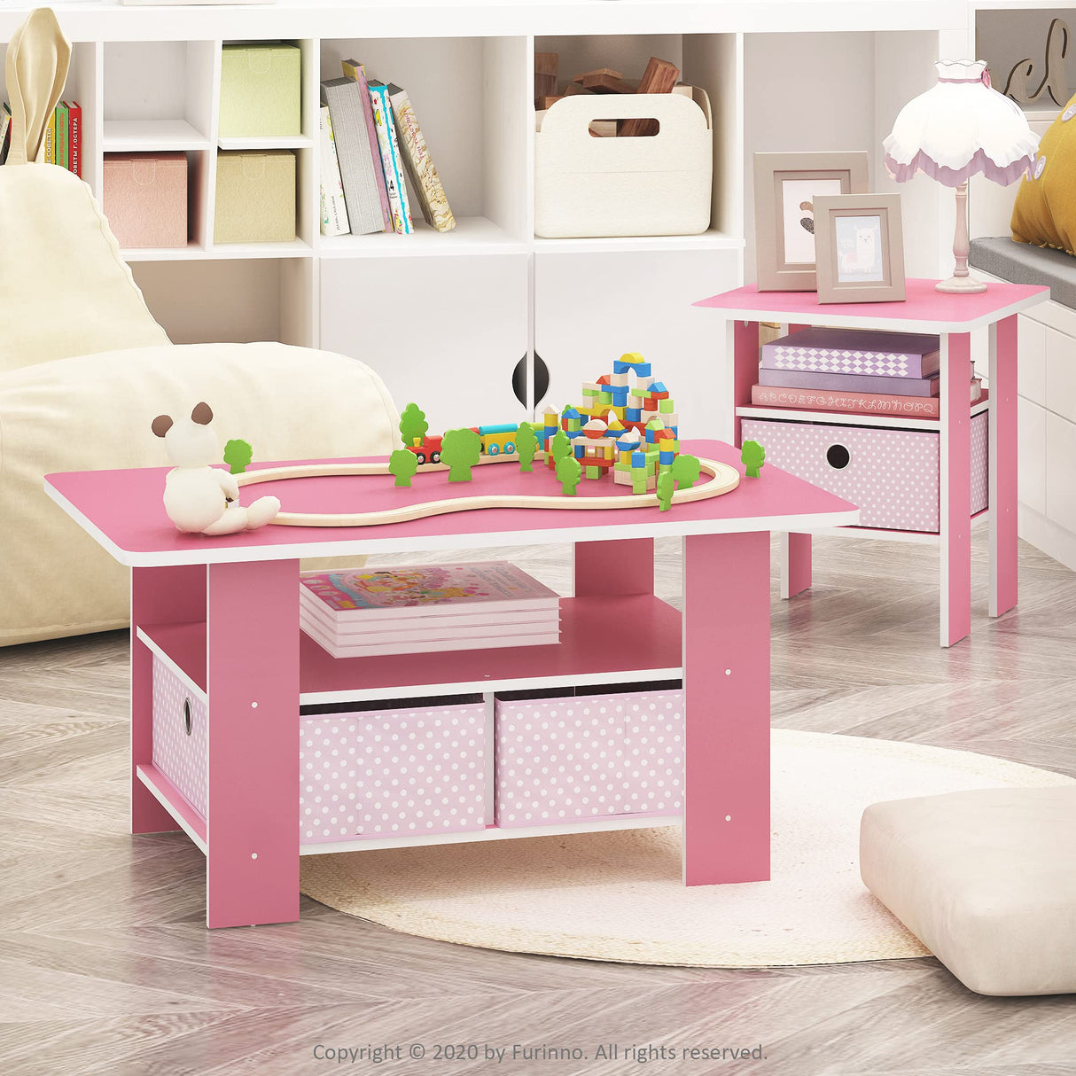 Furinno Andrey End Table / Side Table / Night Stand / Bedside Table with Bin Drawer, Pink/Light Pink Furinno