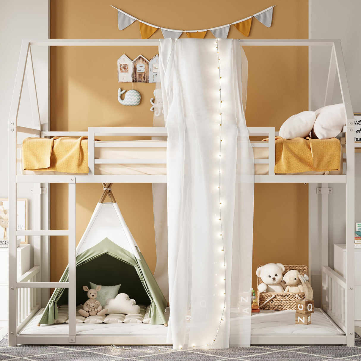 LIKIMIO Bunk Bed Twin Over Twin, House Bunk Bed Frame with Ladder and Guardrail, House Shaped with Metal Slats for Dormitory and Bedroom, Space Saving, No Box Spring Needed, White LIKIMIO