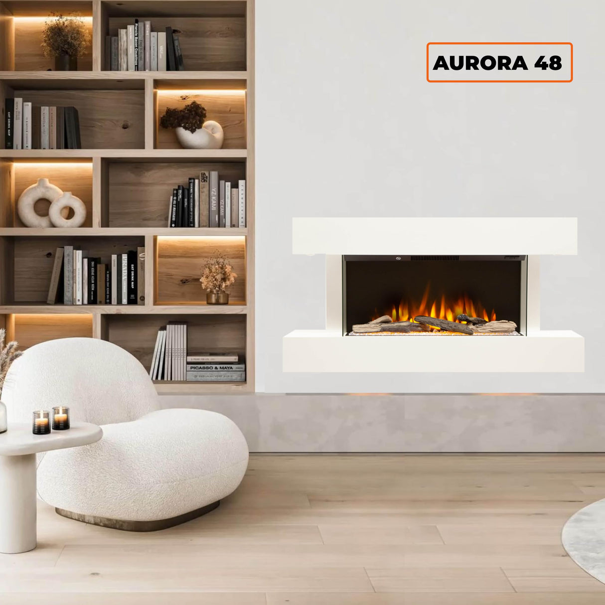 FIREBLAZE Aurora 48” 3-Sided Electric Fireplace with Wall Mount Floating White Mantel Surround 48 inch Wide, Wall Hanging or Freestanding, Heater, Remote Control, Timer and Overheating Protection FIREBLAZE Where Warmth Begins