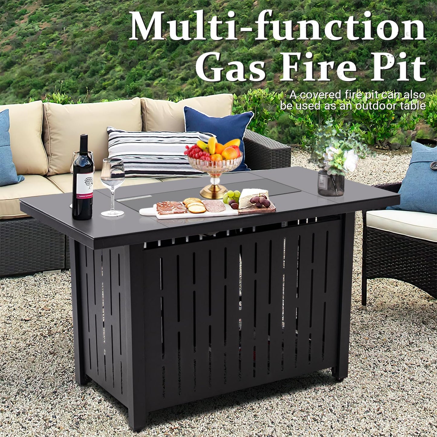 Greesum 43 Inch Outdoor Gas Fire Pit Table, 50,000 BTU Steel Propane Firepit with Blue Glass Rock, Add Warmth and Ambience to Parties On Patio Garden Backyard, Black - WoodArtSupply