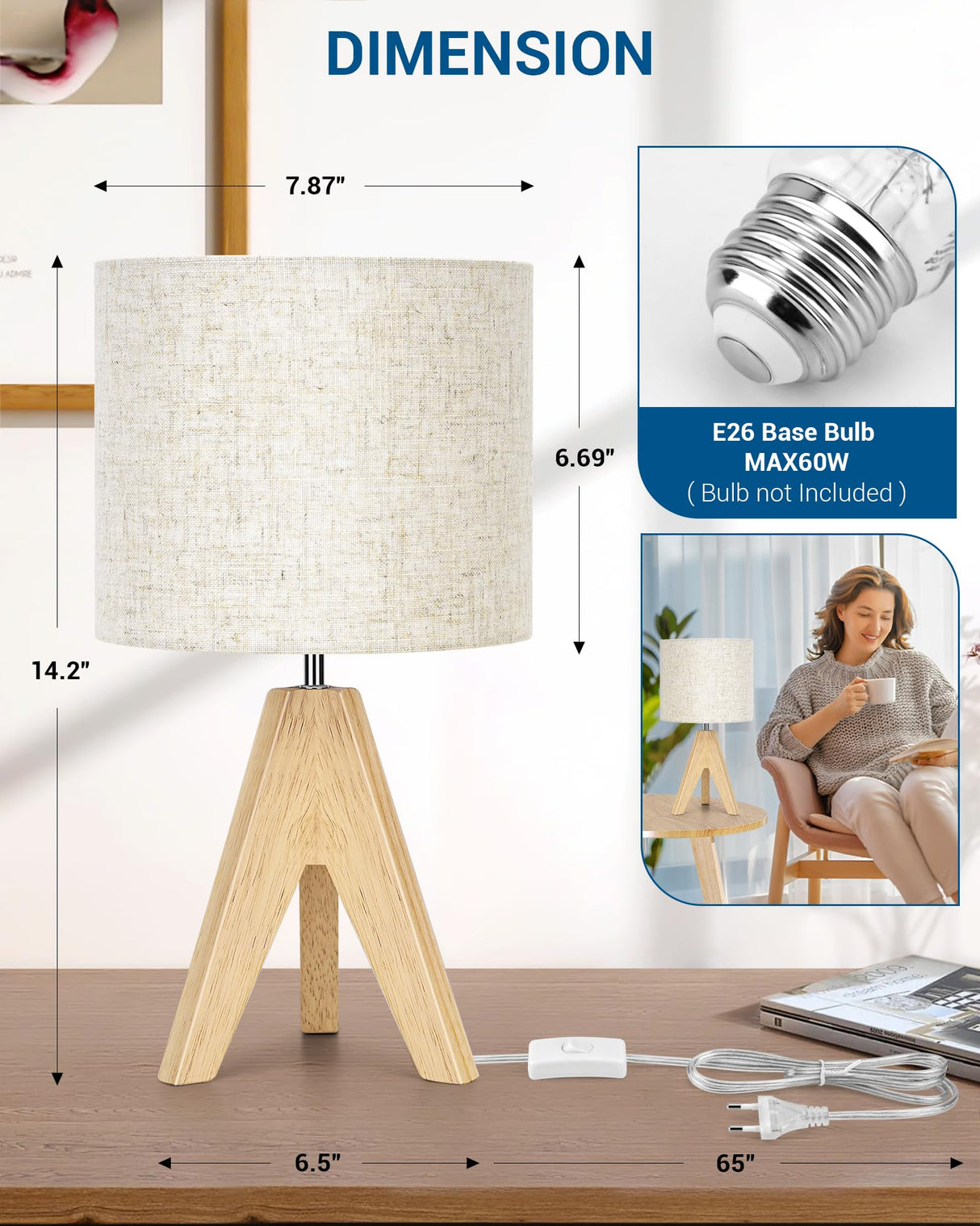 DEWENWILS Mid Century Table Lamps, Small Wooden Tripod Bedside Lamps with Linen Fabric Shade, Nightstand Lamp for Nursery, Bedroom, Kids Room, Side Table, Reading Desk, 14.2 Inch, 2 Pack DEWENWILS