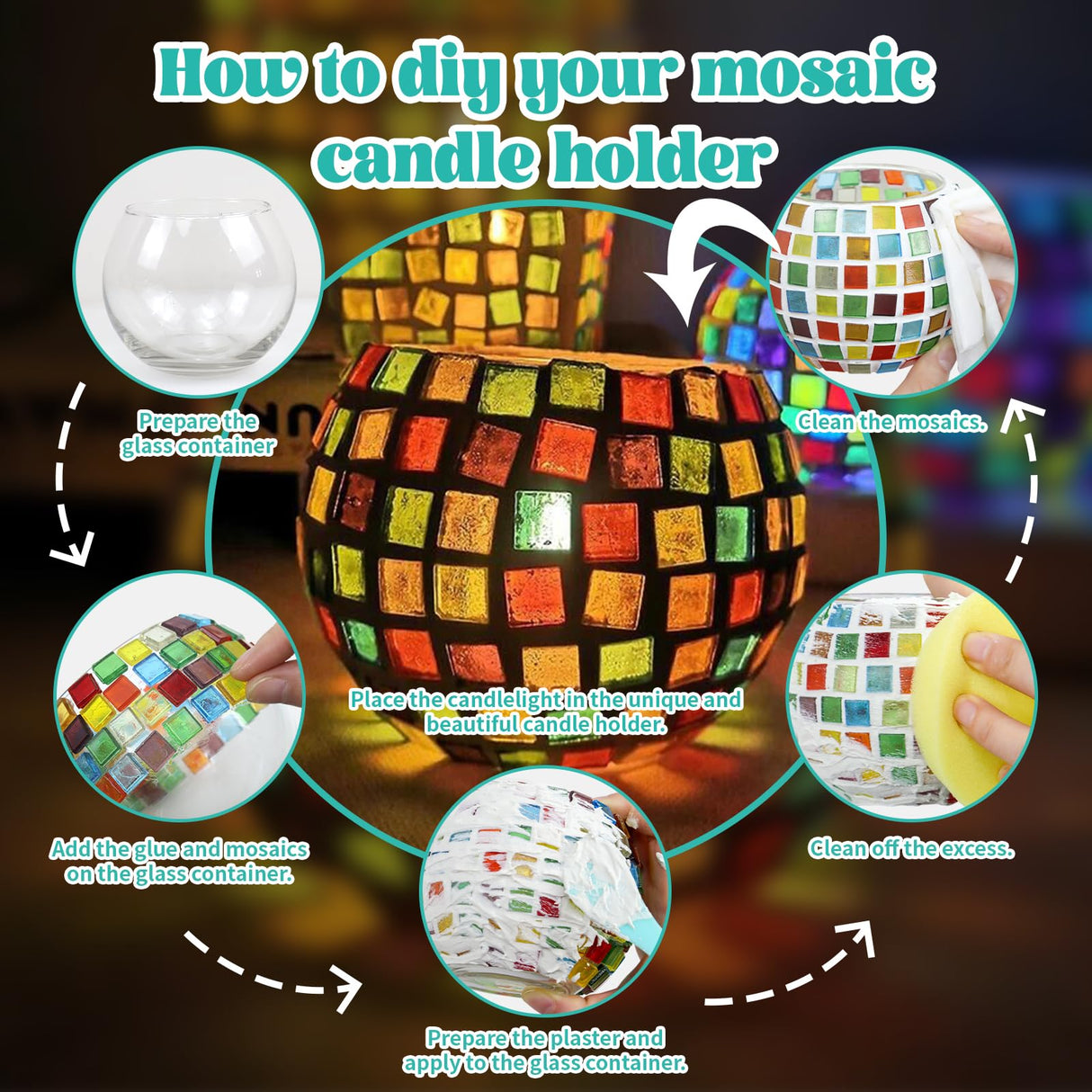 Glass Mosaic Candle Holder Kit, DIY Stained Glass Kit for Kids Adults Home Decor Fun Arts and Crafts Gifts for Kids Teens Adults Valentine Birthday Mother’s Day Gifts for Girls & Boys 6-8, 8-12 goldentime