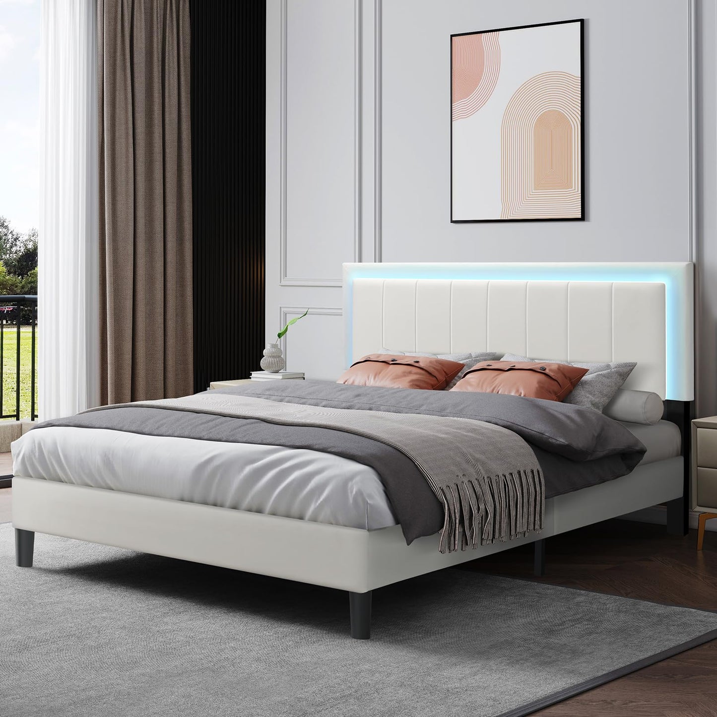 Catrimown Stylish Full Size Platform Bed Frame with LED Lights and Adjustable Upholstered Headboard - WoodArtSupply