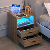 dnbss LED Nightstand with Charging Station, Smart Bedside Table with 24-Color RGB LED Lights, Charging Nightstand for Bedroom, Modern Nightstand Brown dnbss