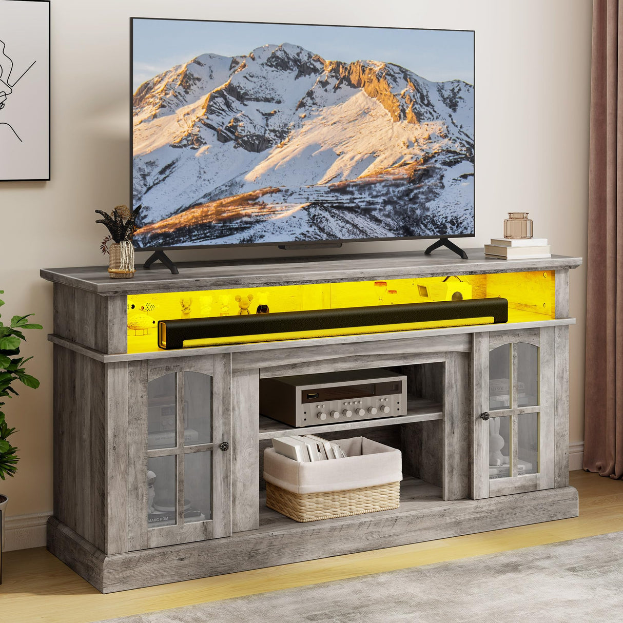 DWVO Farmhouse Television Stand for 75 Inch TV w/Outlets, LED Modern Entertainment Center with Glass Doors and Adjustable Storage Shelves, Media Console TV Cabinet for Living Room, Grey DWVO