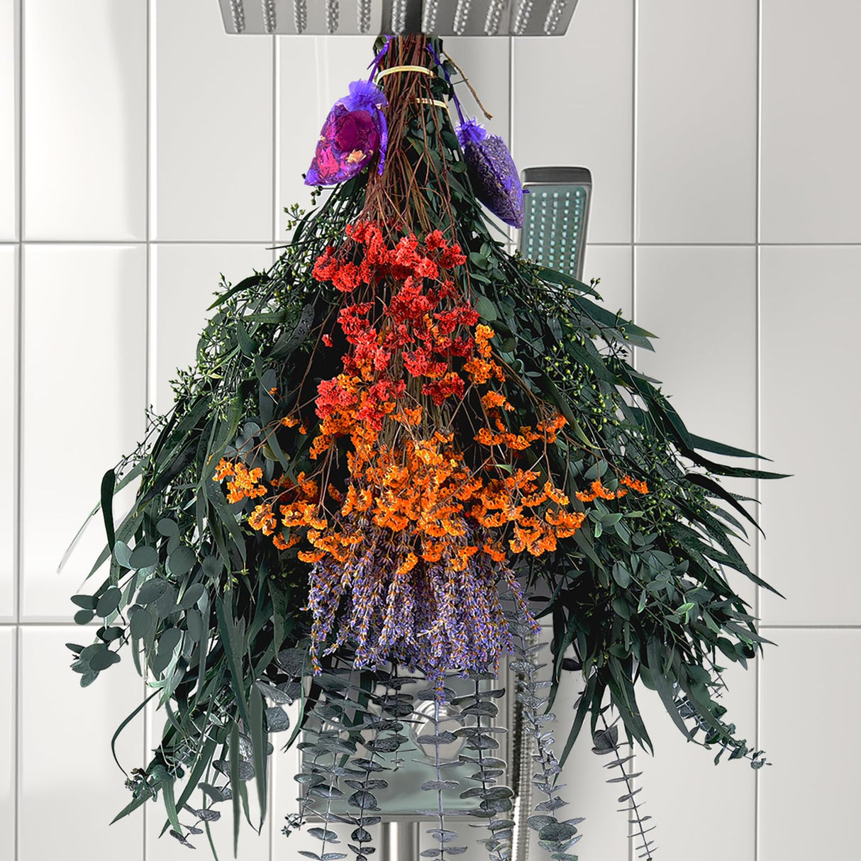 128 Pcs Mixed Real Dried Eucalyptus Stems, 100% Natural Preserved Eucalyptus Leaves with Lavender & Rose flower Sachet Bundles, Greenery for Hanging Shower, Plant Fragrance, Wedding Decor Pasuvsigt