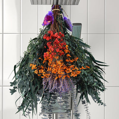 128 Pcs Mixed Real Dried Eucalyptus Stems, 100% Natural Preserved Eucalyptus Leaves with Lavender & Rose flower Sachet Bundles, Greenery for Hanging Shower, Plant Fragrance, Wedding Decor