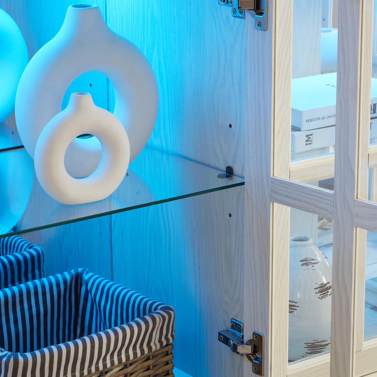 KEIKI Curio Cabinet, Lighted Glass Display Cabinet w/ 4 Glass Doors & Adjustable Shelves, Lighted Showcase with LED Light Strip, TV Stand, White KEIKI