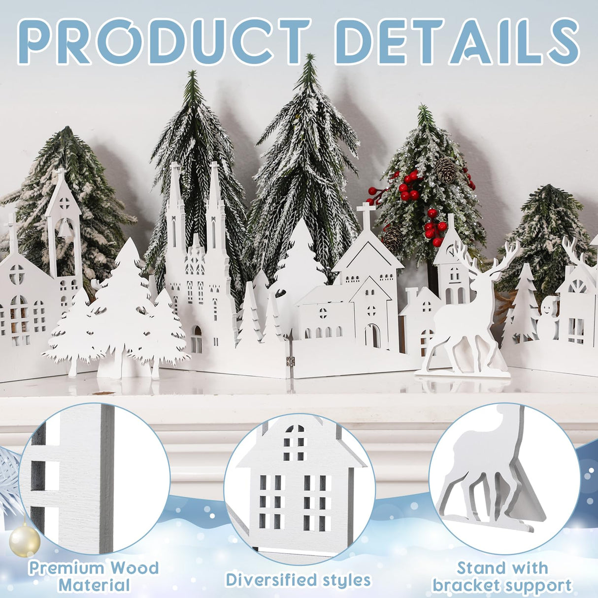 Colingmill 32 Inch Christmas Tabletop Decoration Wooden Christmas Themed White Church Christmas Tree and elk Signs Farmhouse Centerpiece Decor for Home Kitchen Table Shelf Decor Colingmill